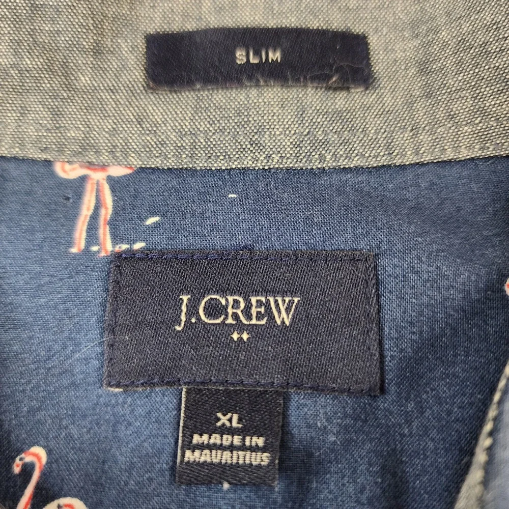 J.Crew Button Down Mens XL Navy Blue Flamingo Print Slim‎ Fit Short Sleeve Shirt